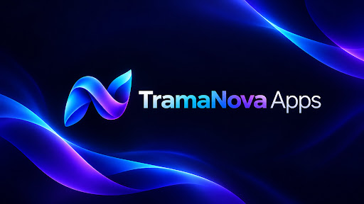 Identidade visual da TramaNova Apps, com ondas luminosas azuis e roxas